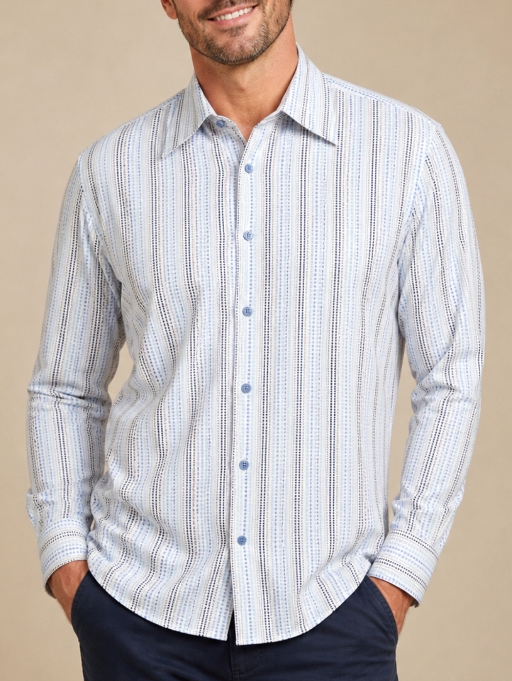 Mission Mens Dress Shirt White Blue Dotted Striped Button Up XL Classic Workwear